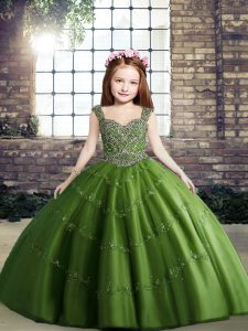 High Class Green Lace Up Straps Beading Kids Formal Wear Tulle Sleeveless