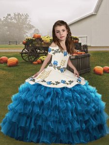 Sleeveless Organza Floor Length Lace Up Little Girls Pageant Dress in Blue with Embroidery and Ruffled Layers