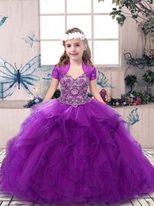 Exquisite Purple Lace Up Straps Beading and Ruffles Little Girls Pageant Dress Wholesale Tulle Sleeveless