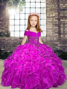 Nice Ball Gowns Winning Pageant Gowns Fuchsia Straps Organza Sleeveless Floor Length Lace Up