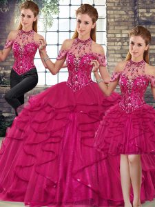 Halter Top Sleeveless Tulle 15th Birthday Dress Beading and Ruffles Lace Up