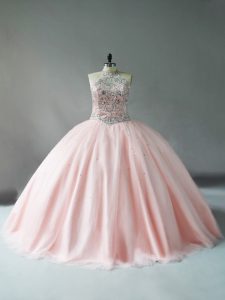 Pink Ball Gowns Tulle Halter Top Sleeveless Beading Floor Length Ball Gown Prom Dress