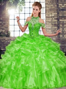 Custom Design Green Sleeveless Floor Length Beading and Ruffles Lace Up Quinceanera Dresses