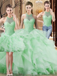Colorful Sleeveless Beading and Ruffles Lace Up Vestidos de Quinceanera with Apple Green Brush Train