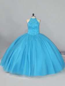 Aqua Blue Sleeveless Tulle Brush Train Lace Up Quinceanera Dresses for Sweet 16 and Quinceanera