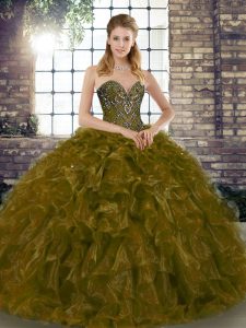 High End Floor Length Lace Up Vestidos de Quinceanera Brown for Military Ball and Sweet 16 and Quinceanera with Beading and Ruffles