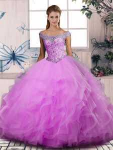 Fashionable Lilac Ball Gowns Tulle Off The Shoulder Sleeveless Beading and Ruffles Floor Length Lace Up Quinceanera Gowns