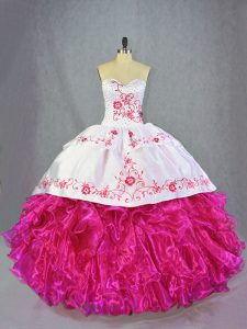 Hot Pink Quinceanera Dress Organza Brush Train Sleeveless Beading and Embroidery and Ruffles