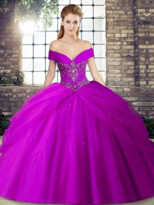 Elegant Purple Off The Shoulder Lace Up Beading and Pick Ups Sweet 16 Dresses Brush Train Sleeveless