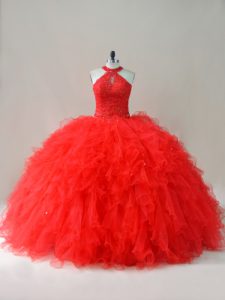 Floor Length Red Quinceanera Dresses Halter Top Sleeveless Lace Up
