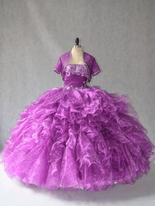Classical Purple Ball Gowns Beading and Ruffles Quinceanera Gown Lace Up Organza Sleeveless Floor Length