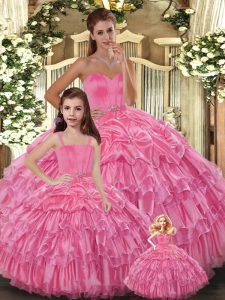 Best Rose Pink Ball Gowns Organza Sweetheart Sleeveless Ruffled Layers Floor Length Lace Up Sweet 16 Dresses