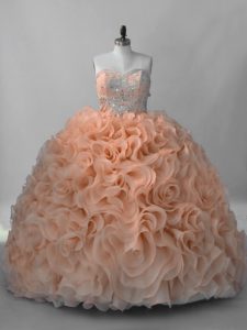Vintage Peach Sweetheart Lace Up Beading Sweet 16 Quinceanera Dress Brush Train Sleeveless