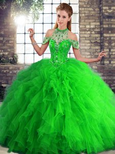 Green Halter Top Neckline Beading and Ruffles Quinceanera Gown Sleeveless Lace Up