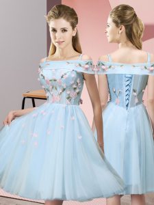 Glorious Knee Length Empire Short Sleeves Light Blue Quinceanera Court of Honor Dress Lace Up