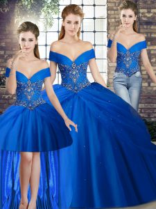 Fashionable Royal Blue Three Pieces Off The Shoulder Sleeveless Tulle Brush Train Lace Up Beading and Pick Ups 15th Birthday Dress