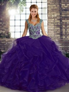 Purple Sleeveless Beading and Ruffles Floor Length 15th Birthday Dress
