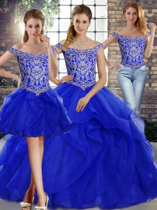 Beading and Ruffles Sweet 16 Quinceanera Dress Royal Blue Lace Up Sleeveless Brush Train