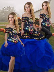 Royal Blue Quinceanera Gown Military Ball and Sweet 16 and Quinceanera with Embroidery and Ruffles Off The Shoulder Sleeveless Lace Up