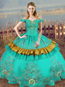 Satin Off The Shoulder Sleeveless Lace Up Embroidery Quinceanera Dresses in Turquoise