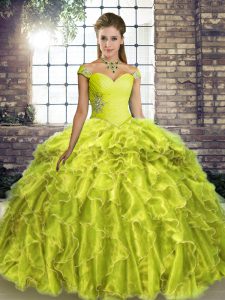 Best Sleeveless Brush Train Beading and Ruffles Lace Up Quince Ball Gowns