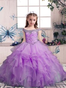 Beauteous Lilac Ball Gowns Beading and Ruffles Girls Pageant Dresses Lace Up Organza Sleeveless Floor Length