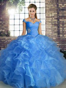 Fabulous Organza Off The Shoulder Sleeveless Lace Up Beading and Ruffles Quinceanera Dresses in Blue