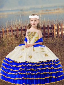Floor Length Lace Up Little Girl Pageant Gowns Royal Blue for Wedding Party with Beading and Embroidery and Ruffled Layers