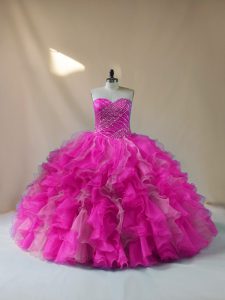 Fuchsia Sleeveless Beading and Ruffles Floor Length Sweet 16 Dresses