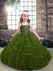 Modern Olive Green Lace Up Little Girls Pageant Dress Beading and Ruffled Layers Sleeveless Floor Length