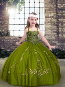 Amazing Olive Green Ball Gowns Beading Pageant Dress Wholesale Lace Up Tulle Sleeveless Floor Length