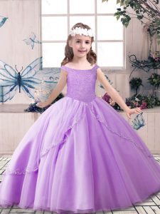 Lavender Ball Gowns Off The Shoulder Sleeveless Tulle Floor Length Lace Up Beading Kids Formal Wear