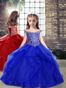 Floor Length Lace Up Little Girls Pageant Dress Wholesale Royal Blue for Party and Wedding Party with Beading