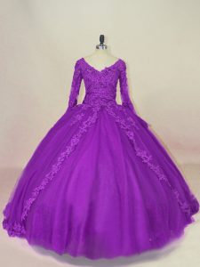 Fantastic Ball Gowns Sweet 16 Quinceanera Dress Purple V-neck Tulle Long Sleeves Floor Length Lace Up