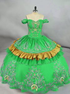 Floor Length Green Ball Gown Prom Dress Satin Sleeveless Embroidery