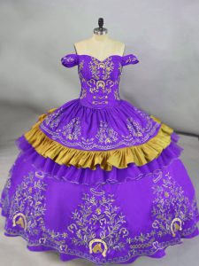 Purple Ball Gowns Satin Off The Shoulder Sleeveless Embroidery Lace Up Quinceanera Gown