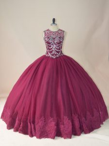 Burgundy Lace Up Quince Ball Gowns Beading and Appliques Long Sleeves Floor Length