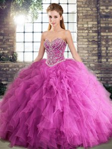 Noble Rose Pink Sleeveless Floor Length Beading and Ruffles Lace Up Quinceanera Gown