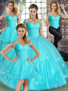 Custom Fit Sleeveless Tulle Floor Length Lace Up Ball Gown Prom Dress in Aqua Blue with Beading and Appliques