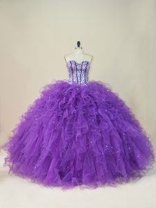 Purple Ball Gowns Beading and Ruffles Quinceanera Gown Lace Up Tulle Sleeveless Floor Length
