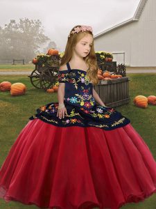 Luxurious Floor Length Lace Up Pageant Gowns For Girls Coral Red for Party and Wedding Party with Embroidery