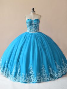 Traditional Baby Blue Lace Up Quinceanera Gowns Embroidery Sleeveless Floor Length