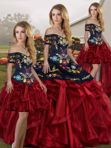 Floor Length Lace Up Quince Ball Gowns Red And Black for Military Ball and Sweet 16 and Quinceanera with Embroidery and Ruffles