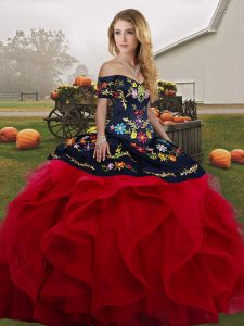 Sleeveless Tulle Floor Length Lace Up 15 Quinceanera Dress in Red And Black with Embroidery and Ruffles