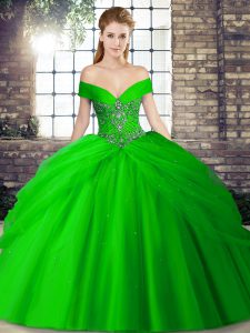Charming Green Quinceanera Dress Military Ball and Sweet 16 and Quinceanera with Beading and Pick Ups Off The Shoulder Sleeveless Brush Train Lace Up