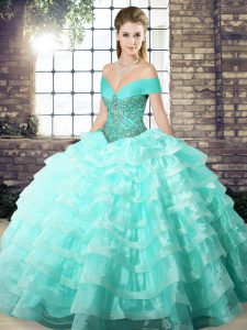 Lace Up Quinceanera Gown Apple Green for Military Ball and Sweet 16 and Quinceanera with Beading and Ruffled Layers Brush Train