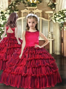 Dramatic Red Scoop Neckline Ruffled Layers Little Girls Pageant Gowns Sleeveless Lace Up