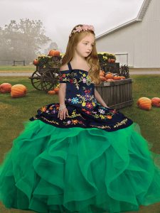 Sleeveless Tulle Floor Length Lace Up Child Pageant Dress in Turquoise with Embroidery and Ruffles