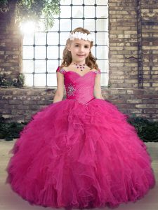Super Fuchsia Ball Gowns Tulle Straps Sleeveless Beading and Ruffles Floor Length Lace Up Glitz Pageant Dress