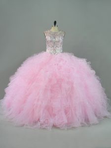 High Class Baby Pink Ball Gowns Scoop Sleeveless Tulle Floor Length Lace Up Beading and Ruffles 15th Birthday Dress